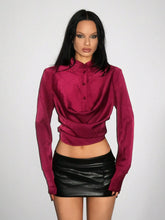 Women's Burgundy Loose Turndown Collar Long Sleeve Cropped Shirt